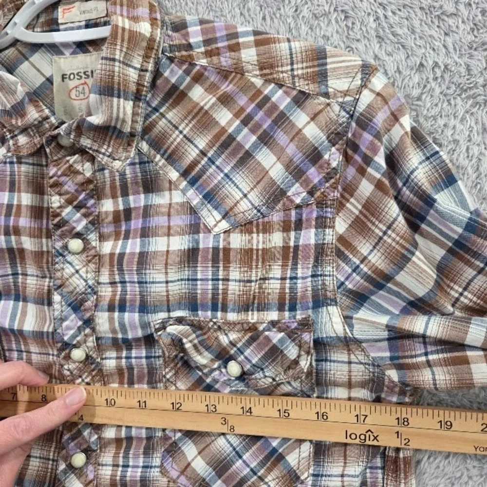 Fossil 54 Authentic Men's Small Vintage Fit Plaid Western Pearl Snap Shirt Brown